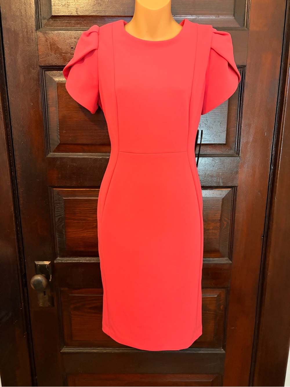 Andrew Marc Coral Puff-Sleeve Midi Sheath Dress